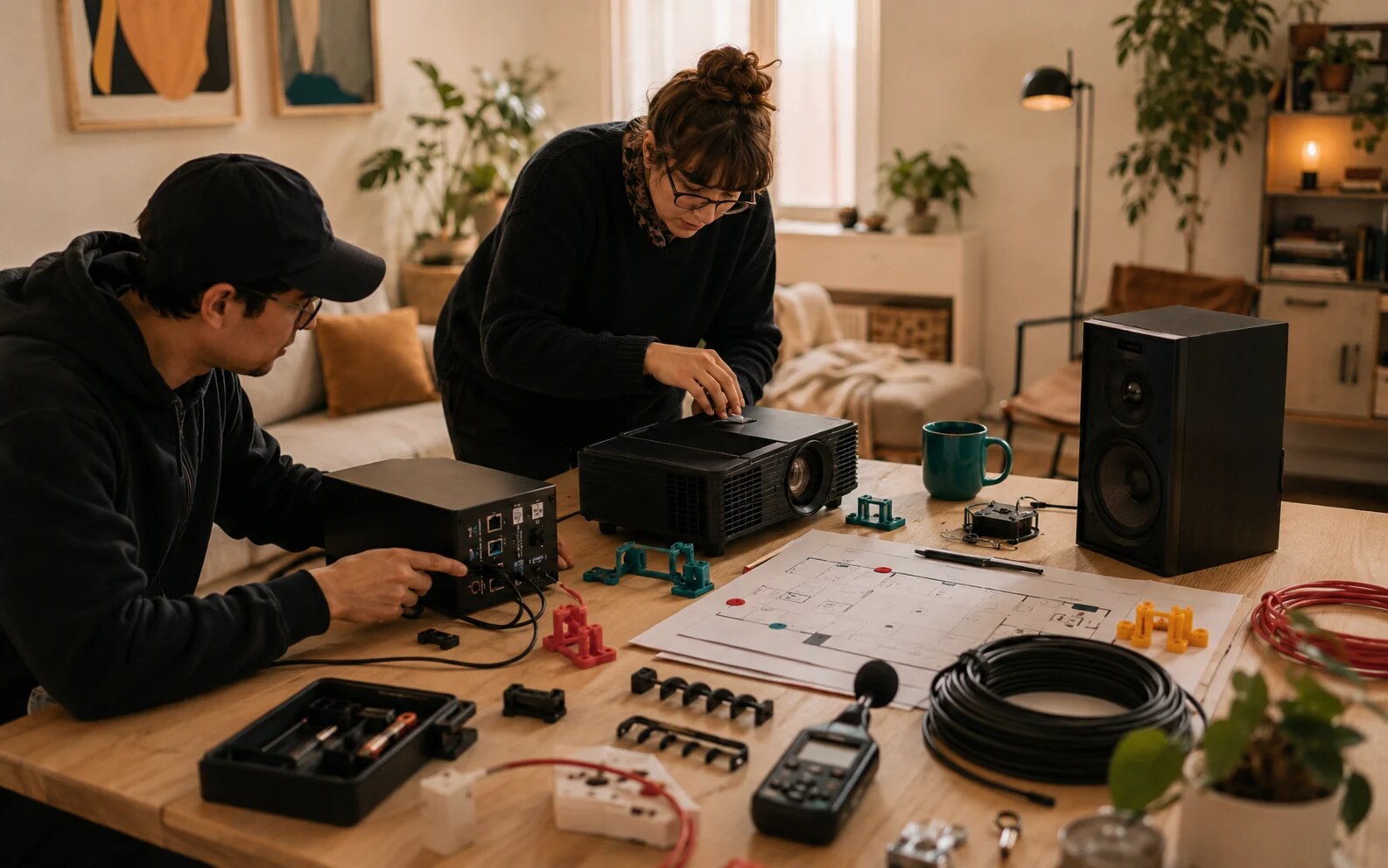 JRW TechWorks home tech workbench with servers, speakers, cabling, and calibration tools